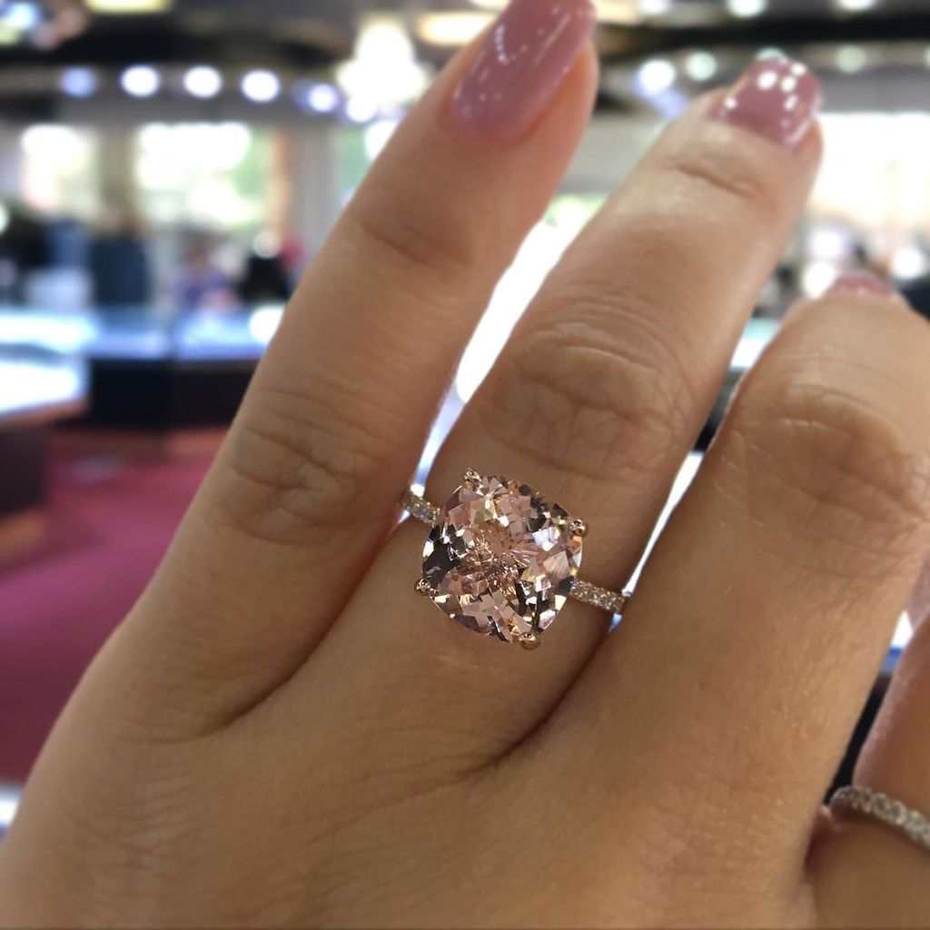 Rose Gold Peachy Pink Stone Cushion Cut Engagement Ring With Double Halo-Maxinejewelry