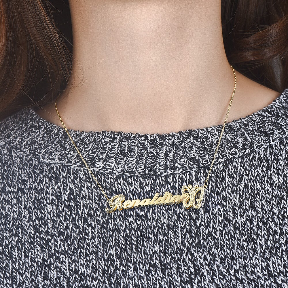 Double Layer with Butterfly Personalized Custom 3D Name Necklace Gold Plated Jewelry-silviax