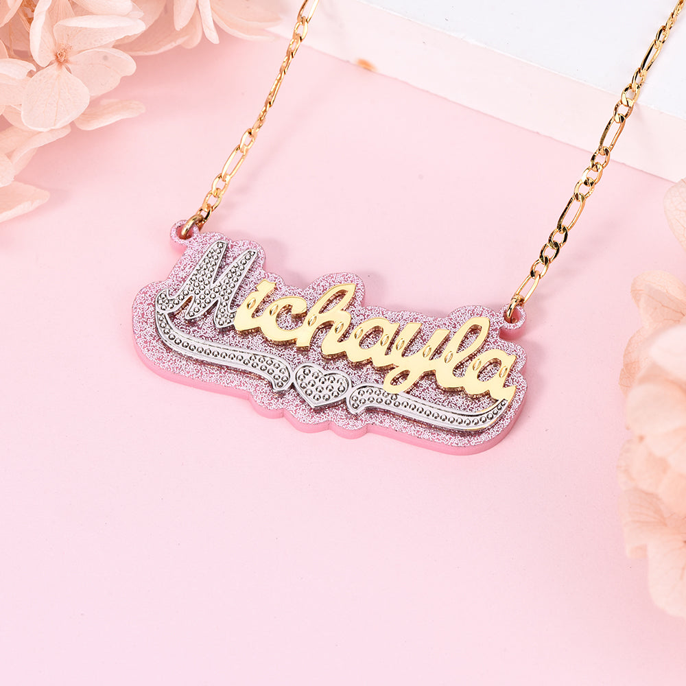 Double Layer Pink Acrylic Two Tone Custom Gold Plated Name Necklace with Heart-silviax