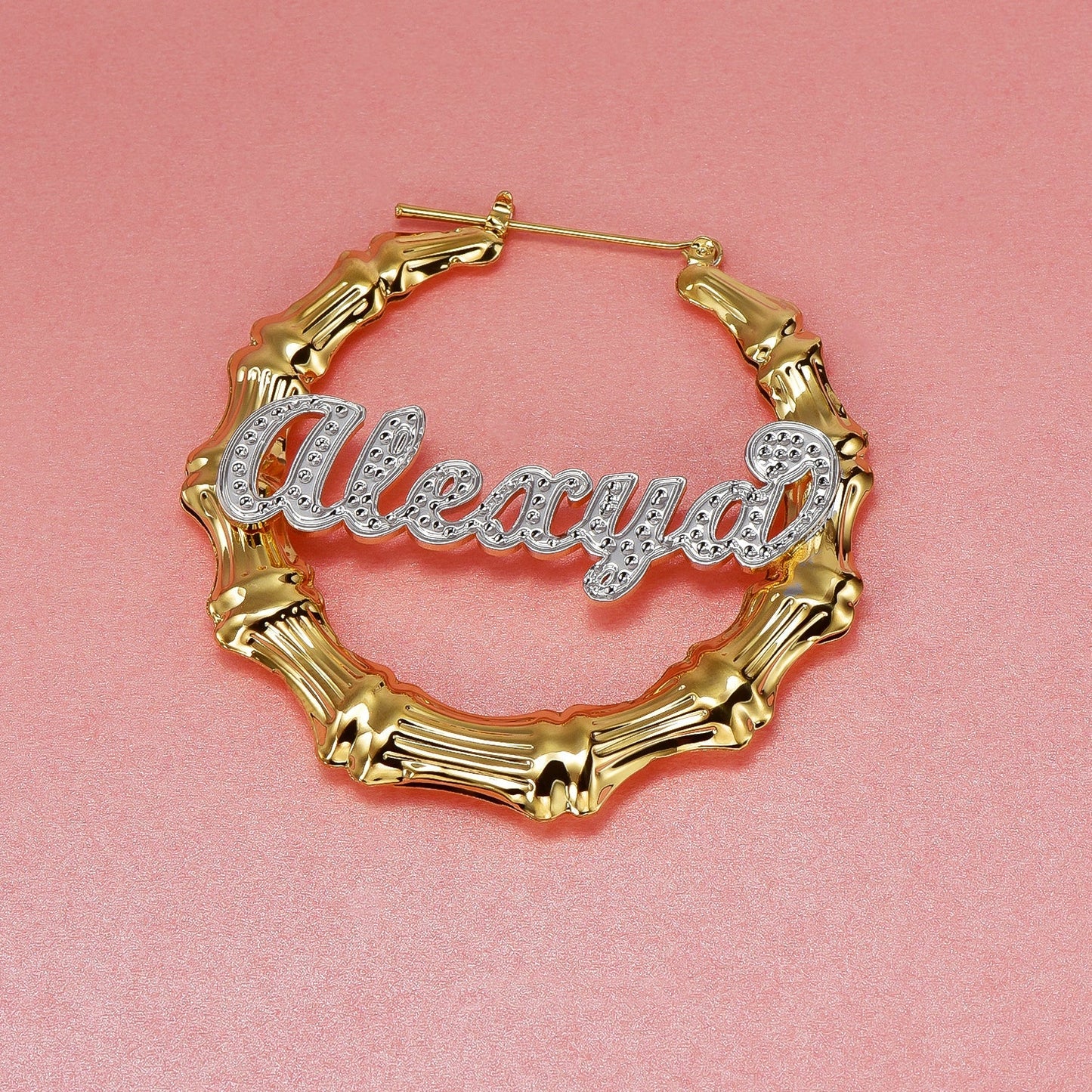 Gold Plated Personalized Two Tone Bamboo Hoop Name Earrings