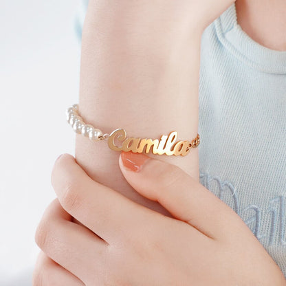 Pearl Chain And Figaro Chain Personalized Custom Gold Plated Name Bracelet