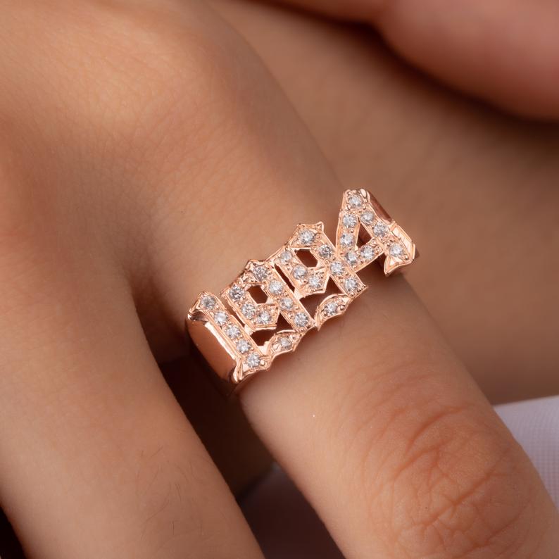 Gold Plated Personalized Gothic Crystal Year Ring-silviax