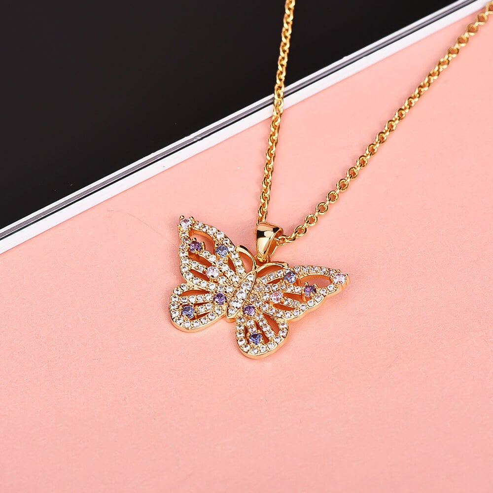 Hollow Butterfly Pendant Inlay Zircon Gold Plated Necklace-silviax