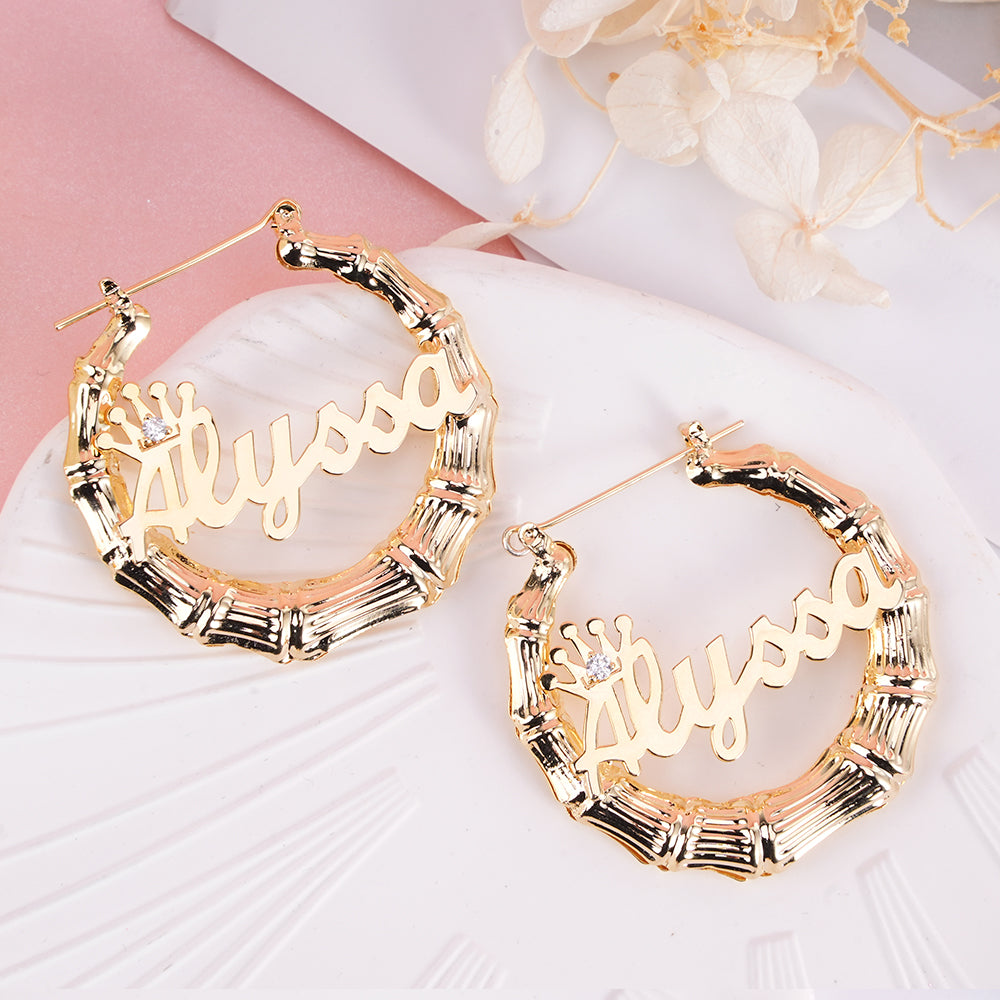 Princess Crown Nameplate Personalized Custom Gold Plated Bamboo Name Earrings Kids Gift