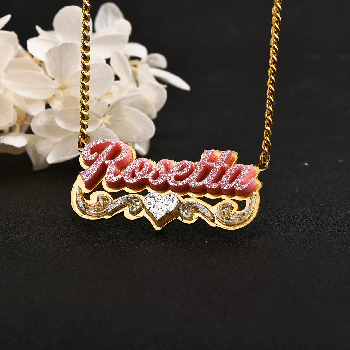 Pink Acrylic Personalized Heart Name Necklace and Bamboo Earrings Set