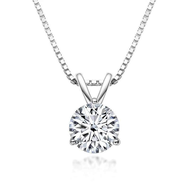 Lovely 3 Prong White Gold Round Cut Moissanite Stone Pendant Necklace In Sterling Silver-Maxinejewelry