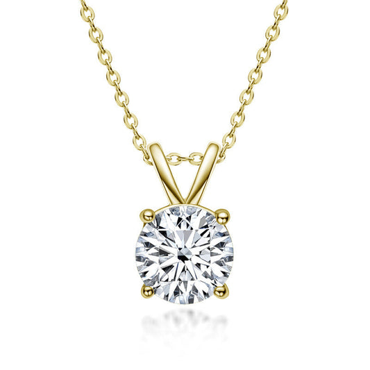 Lovely 4 Prong Yellow Gold Round Cut Moissanite Stone Pendant Necklace In Sterling Silver-Maxinejewelry