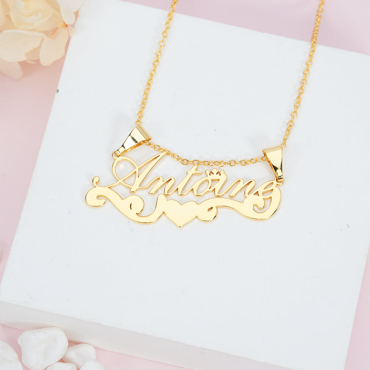 Crown Heart Personalized Jewelry Set 2pcs Name Necklace Mini Hoop Name Earrings