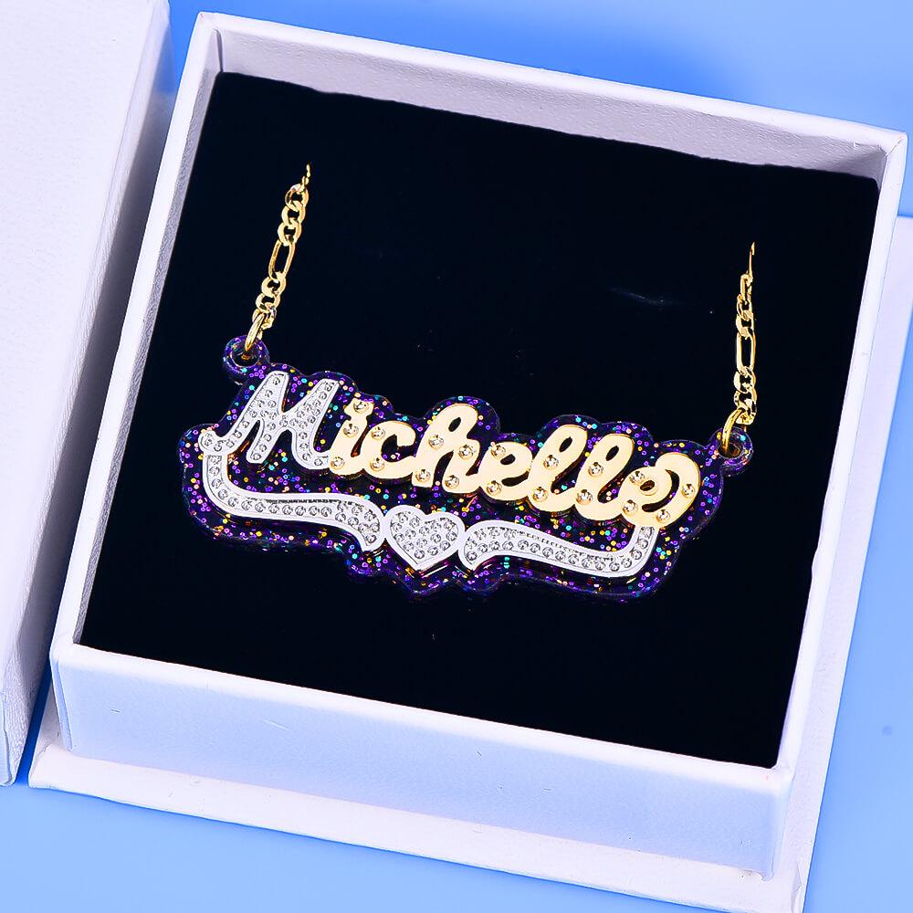 Double Layer Purple Acrylic Two Tone Heart Personalized Custom Gold Plated Name Necklace-silviax