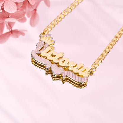 Double Layer Two Tone Nameplate Crown Heart Personalized Custom Gold Plated Name Necklace