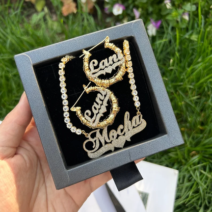 Kids Bling Bling Custom Tennis Chain Heart Name Necklace and Mini Bamboo Earrings-silviax