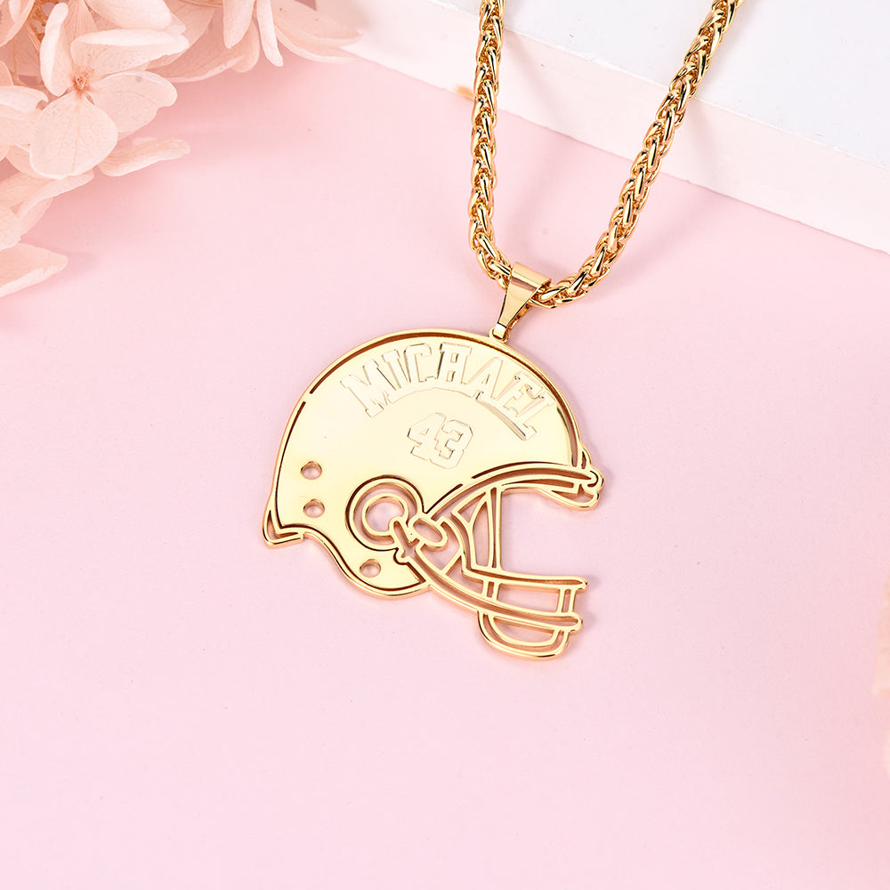 Gold Plate American Football Player Helmet Carved Custom Name Jersey Number Necklace-silviax