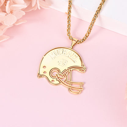 Gold Plate American Football Player Helmet Carved Custom Name Jersey Number Necklace-silviax