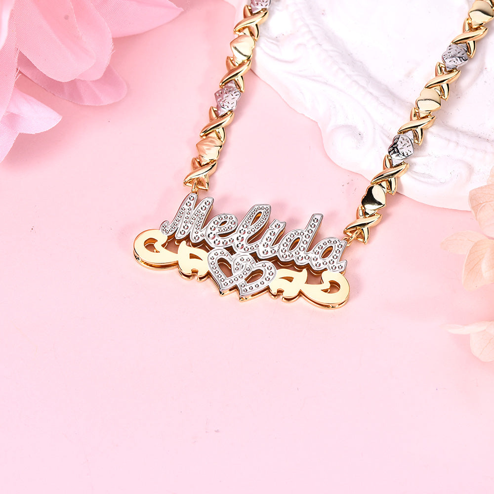 Double Layer Two Tone Personalized Custom Infinity Heart Name Necklace with XOXO Heart Chain