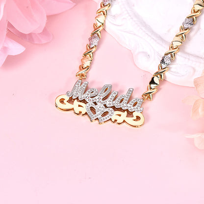 Double Layer Two Tone Personalized Custom Infinity Heart Name Necklace with XOXO Heart Chain