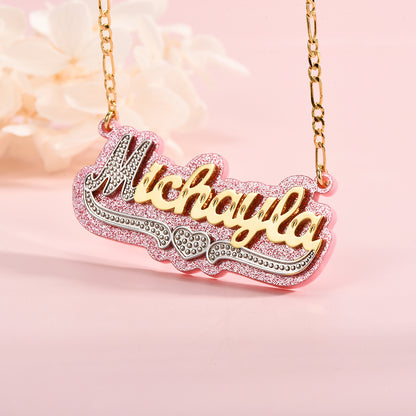 Double Layer Pink Acrylic Two Tone Custom Gold Plated Name Necklace with Heart