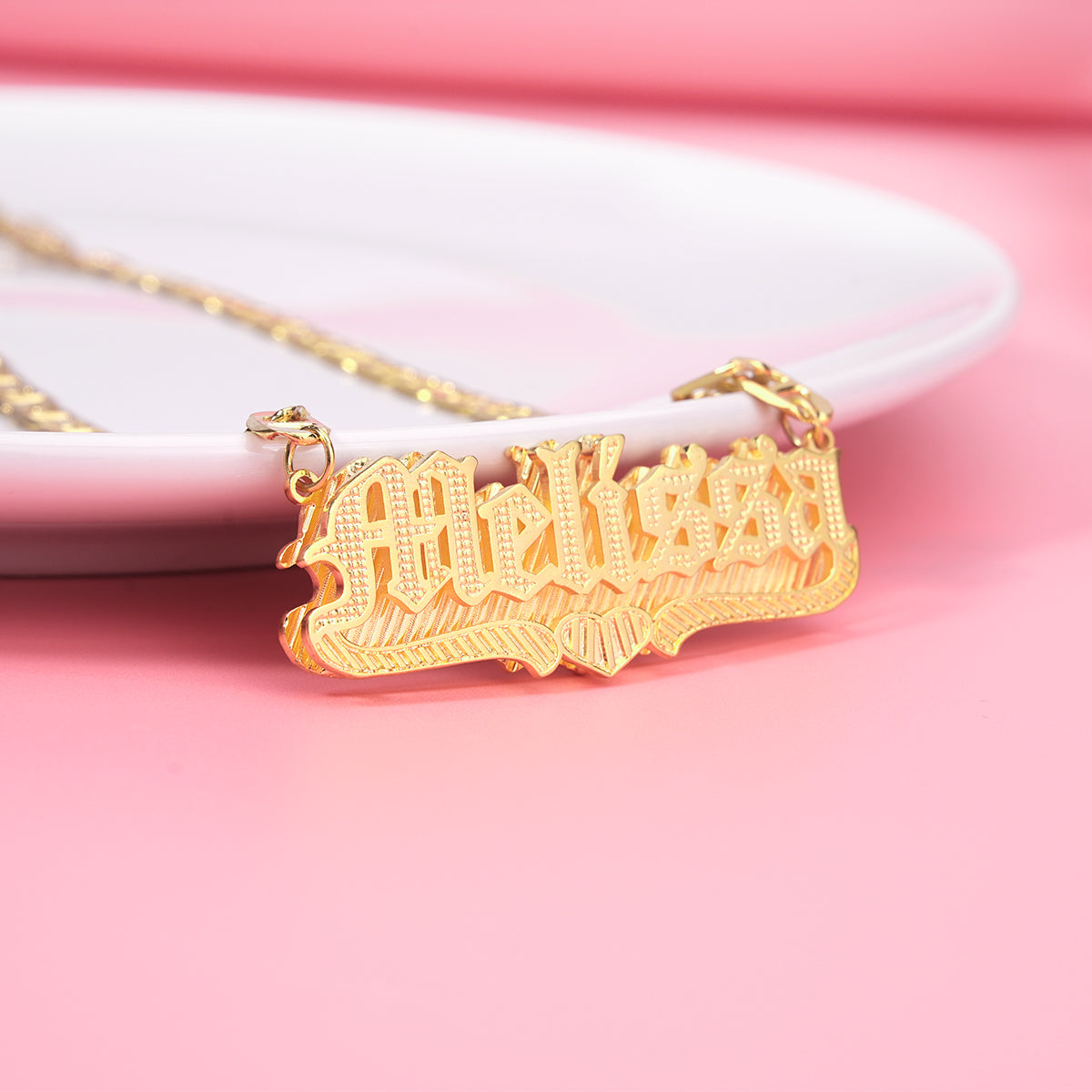 Double Plate Love Heart Personalized Custom Old English Font Gold Plated Name Necklace