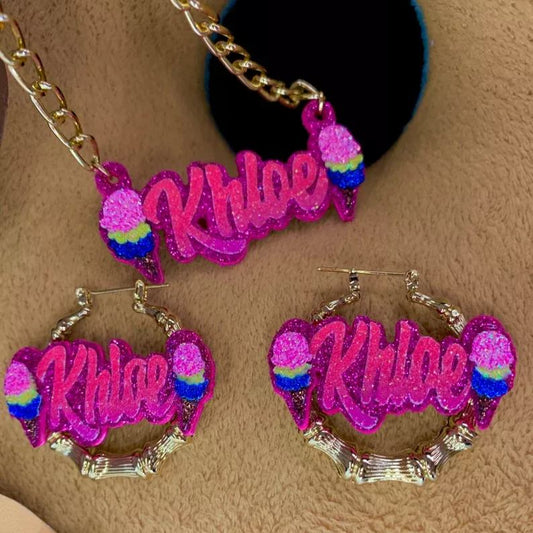 Pink Glitter Ice Cream Custom Name Jewelry Set Personalized Name Necklace And Mini Bamboo Hoop Earrings-silviax