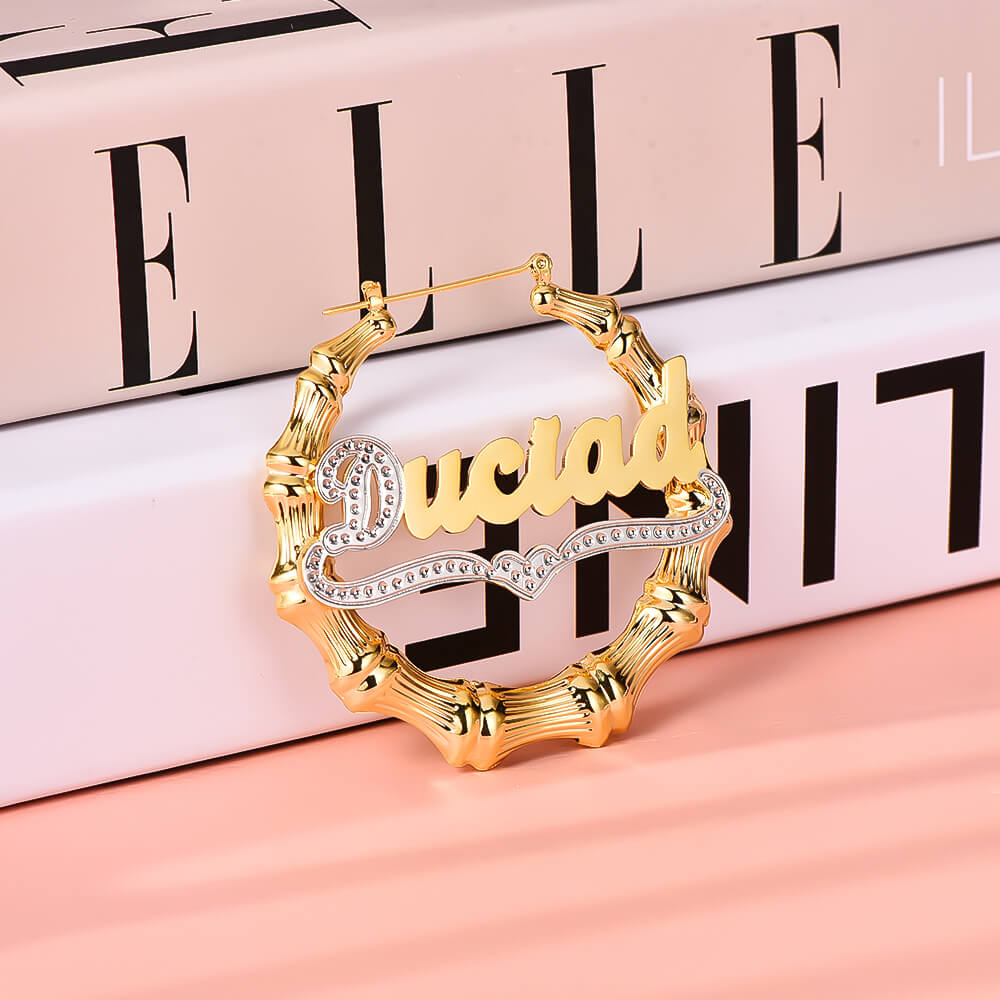 Personalized Bamboo Double Plated Two Tone Name Hoop Earrings