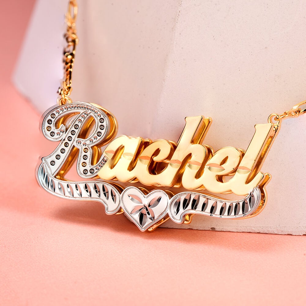 Double Layer Two Tone Heart Nameplate Personalized Custom Gold Plated Name Necklace-silviax