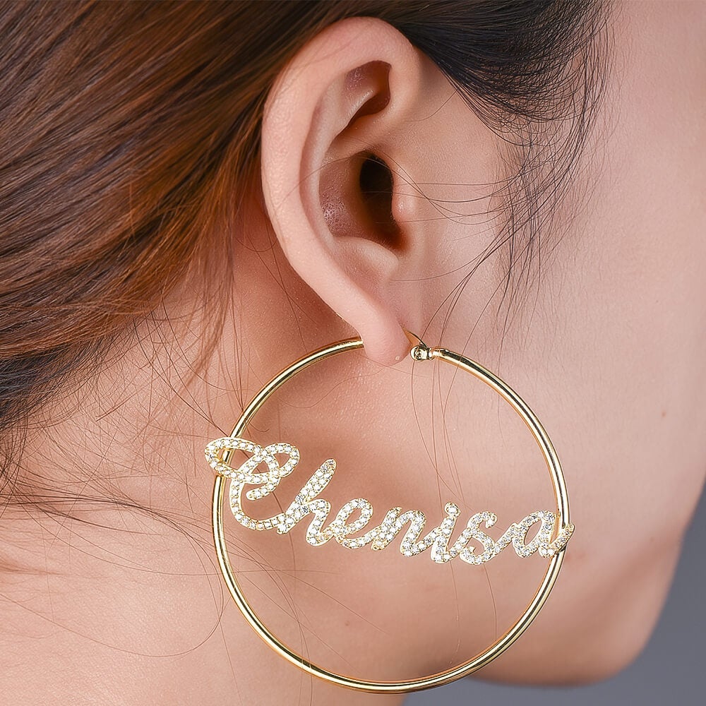 Rhinestone Hoop Name Earrings Personalized Custom Gold Plated-silviax