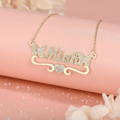 Double Butterfly Love Heart Personalise Custom Gold Plated  Name Necklace-silviax