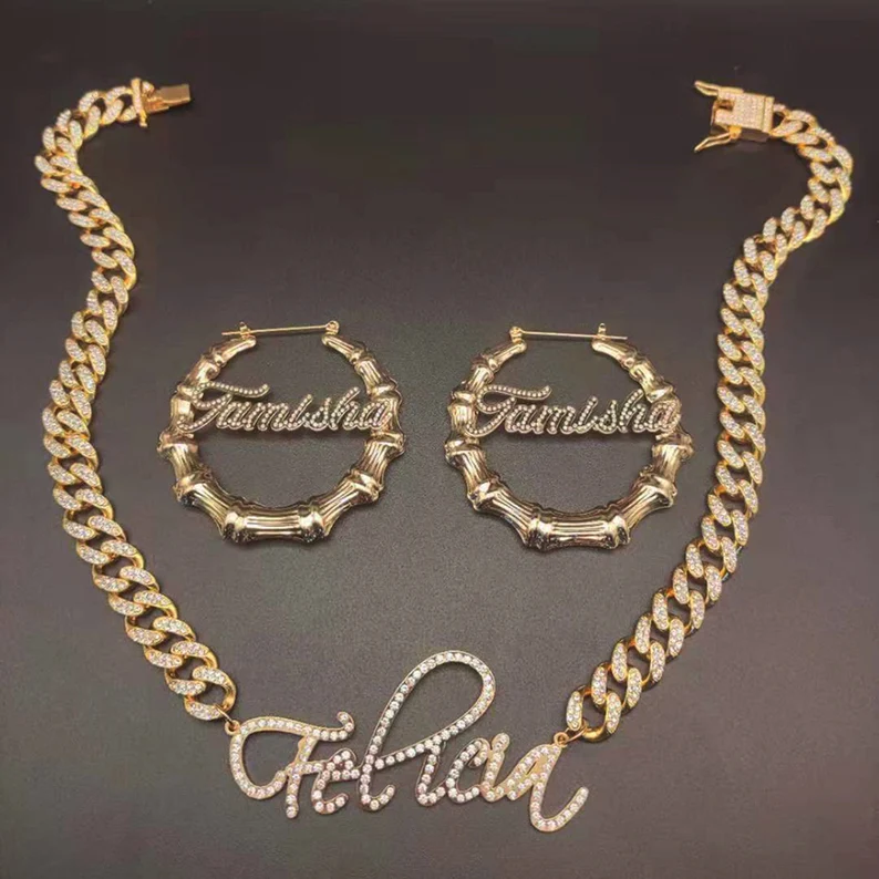 Iced Out Personalized Name Jewelry Set Cuban Chain Zircon Nameplate Necklace and Bamboo Name Earrings-silviax