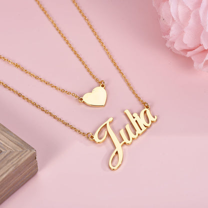 Double Chain With Heart Personalized Custom Gold Plated Name Necklace-silviax