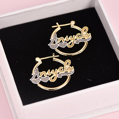 Gold Plated Hoop Personalized Name Earrings With Two Heart