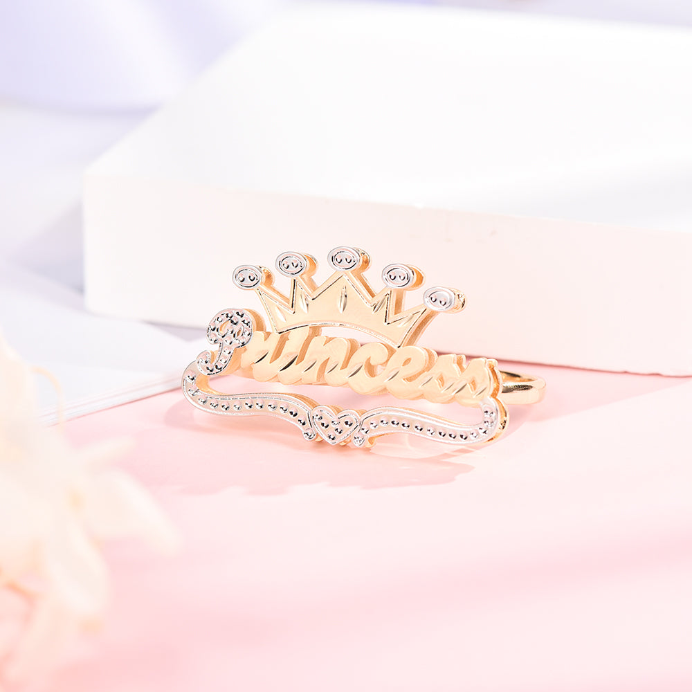 Double Layer Two Tone Two Finger with Crown Heart Personalized Custom Gold Plated Name Ring-silviax