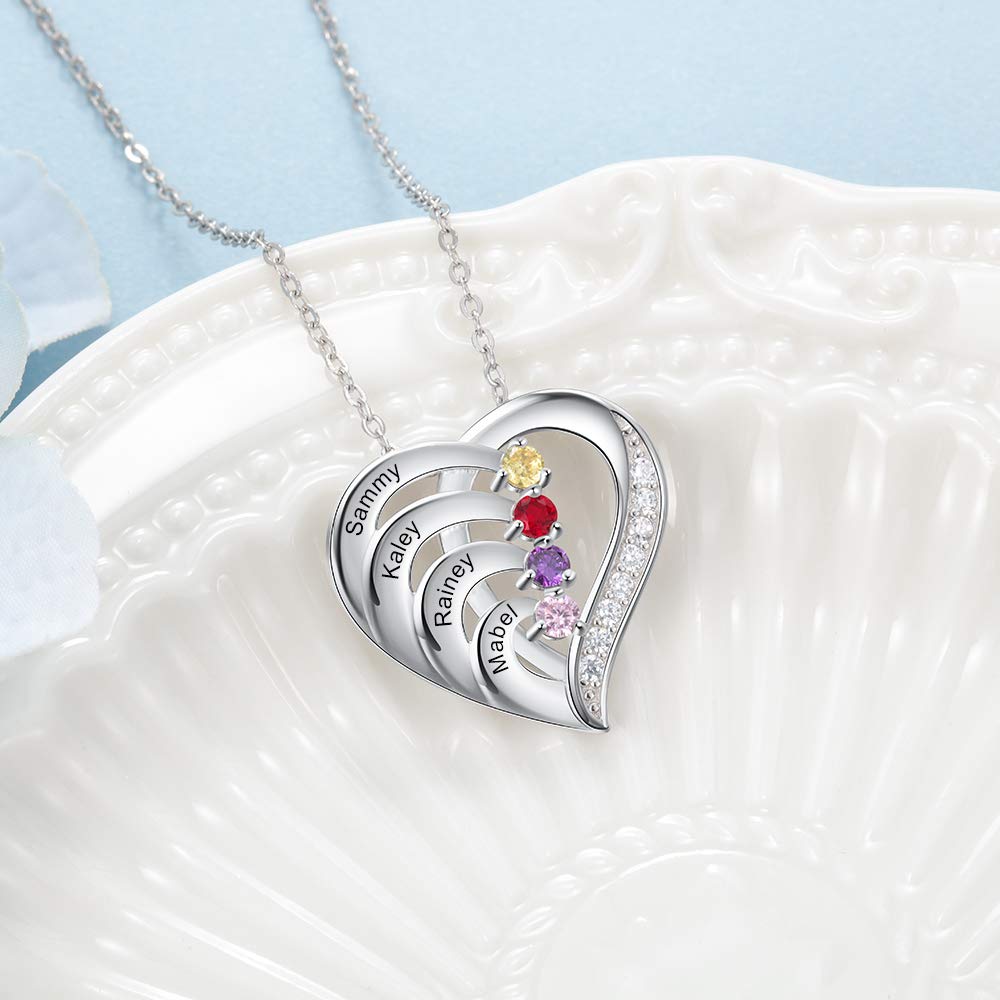 2-4 Name Birthstones Heart Pendant Personalized Custom Family Necklace Mother Gift-silviax