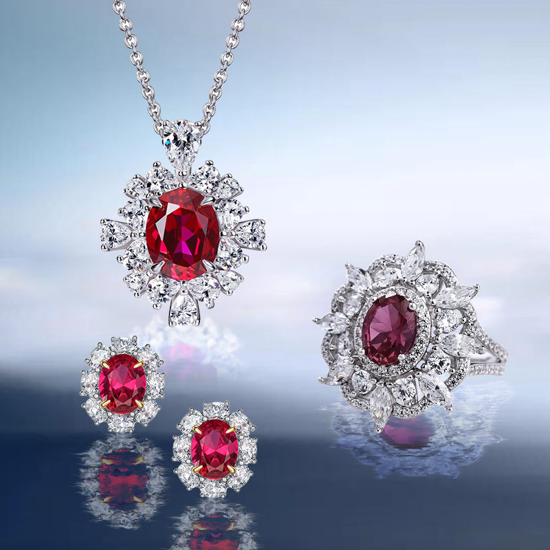 Exclusive Ruby Oval Cut Halo 3PC Jewelry Set In Sterling Silver-Maxinejewelry