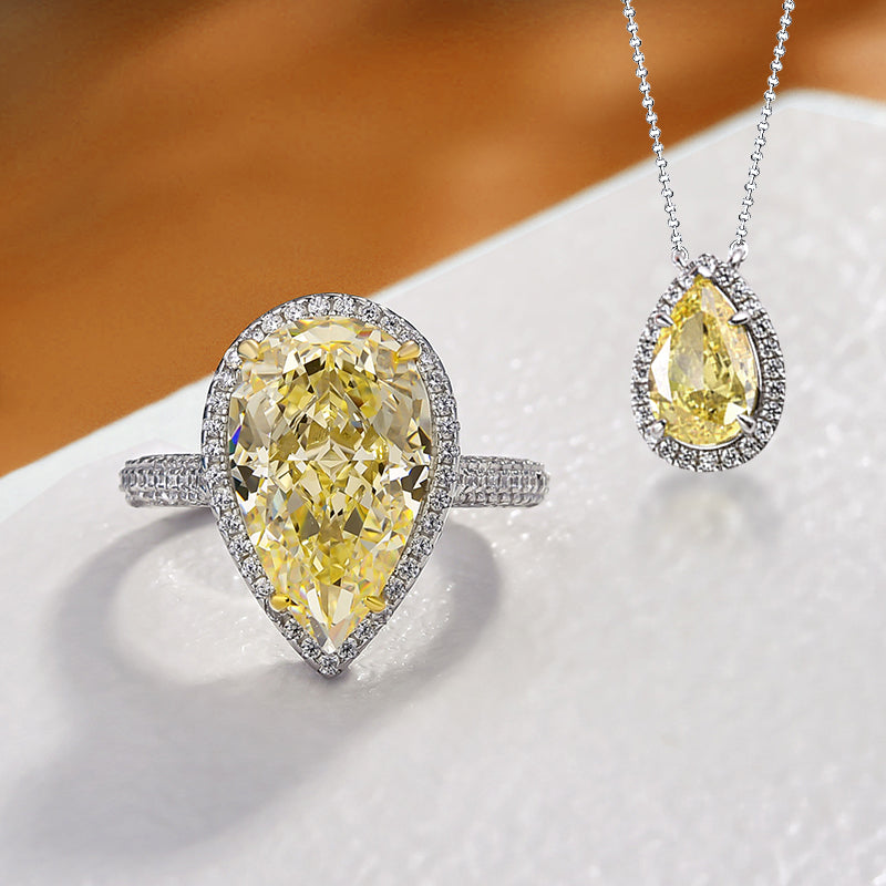 Exquisite Halo Pear Cut Yellow Sapphire 2PC Jewelry Set In Sterling Silver-Maxinejewelry