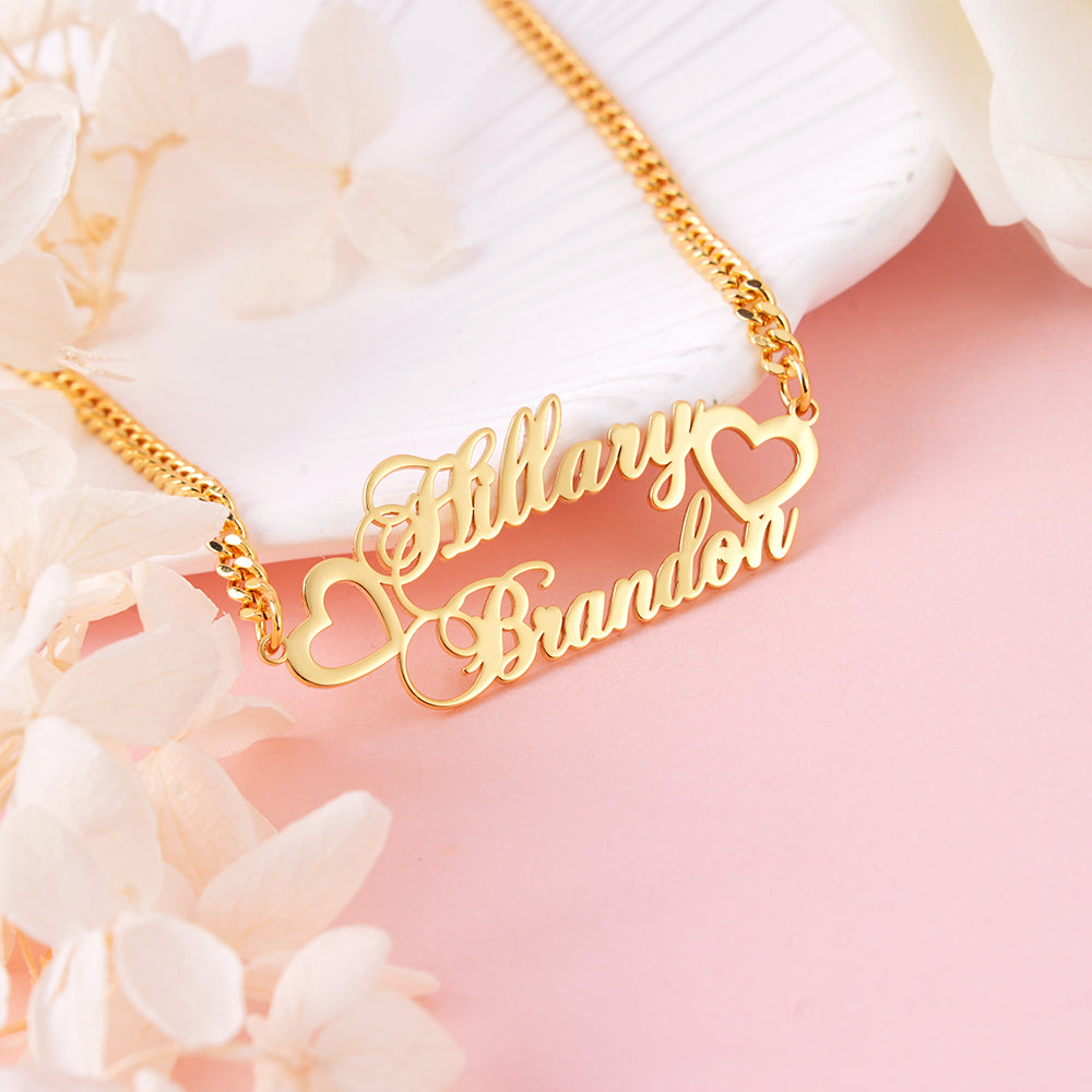 Two Hearts Nameplate Personalized Custom Gold Plated Two Name Necklace