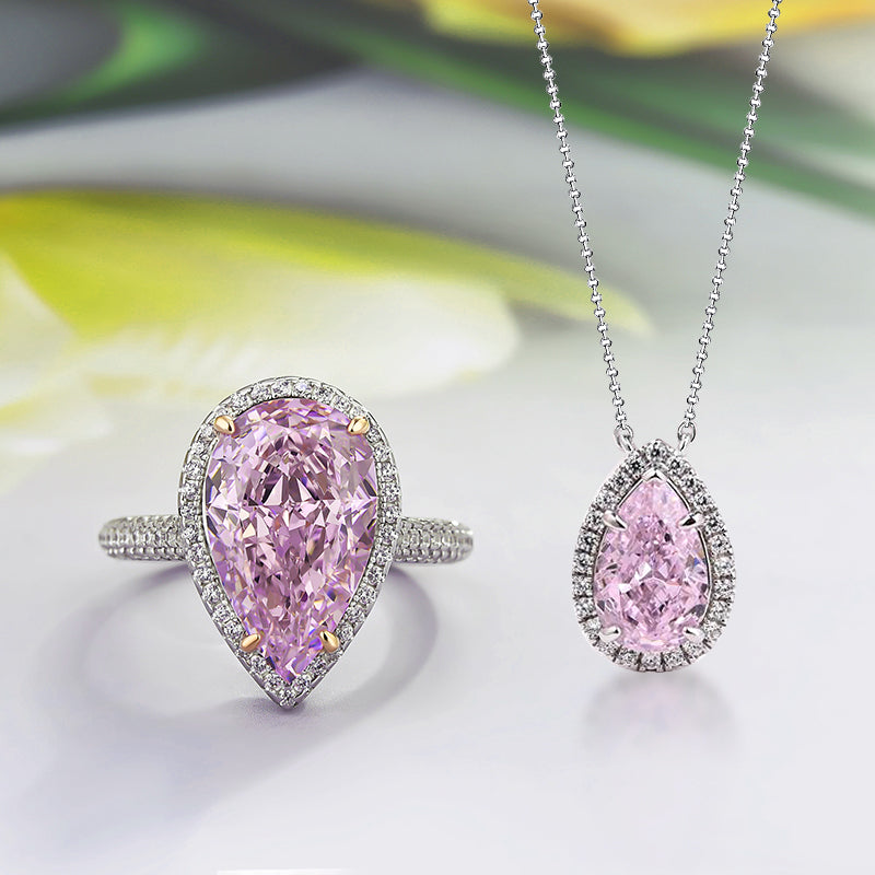 Elegant Halo Pear Cut Pink Sapphire 2PC Jewelry Set In Sterling Silver-Maxinejewelry