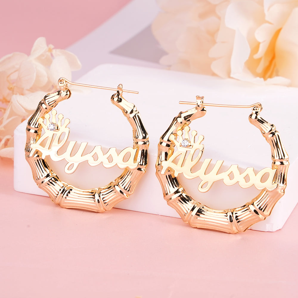 Princess Crown Nameplate Personalized Custom Gold Plated Bamboo Name Earrings Kids Gift