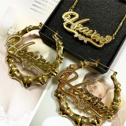 Personalized Double Layer Gold Plated Heart Name Necklace and Bamboo Earrings Set Gift Fow Women-silviax