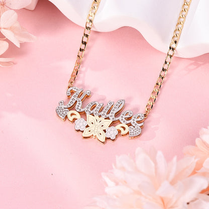 Double Layer Two Tone With Butterfly Flower And Heart Personalized Custom Name Necklace-silviax