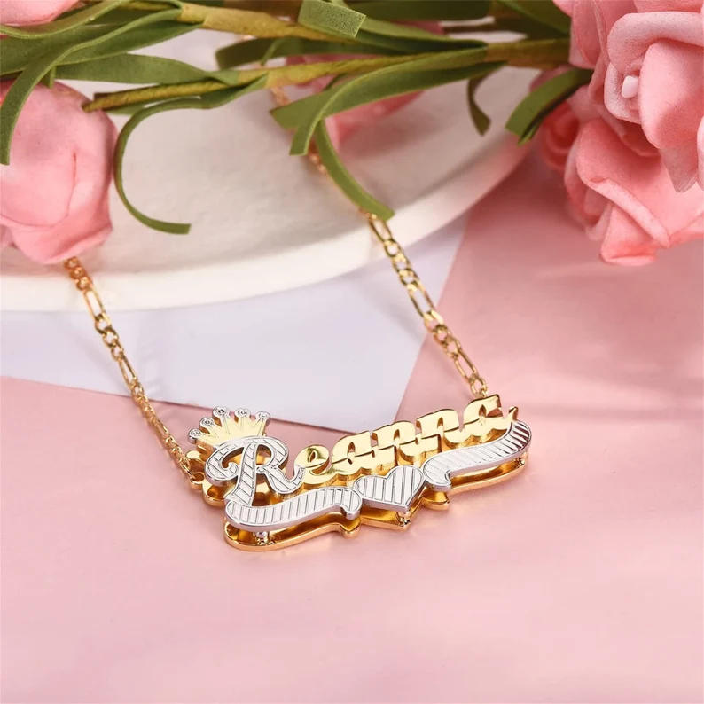 Double Layer Two Tone with Crown Heart Personalized Custom Gold Plated Name Necklace-silviax