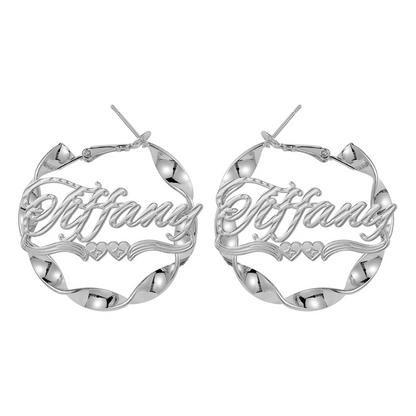 Personalized Custom Heart Underline Bamboo Nameplate Twist Hoop Earrings