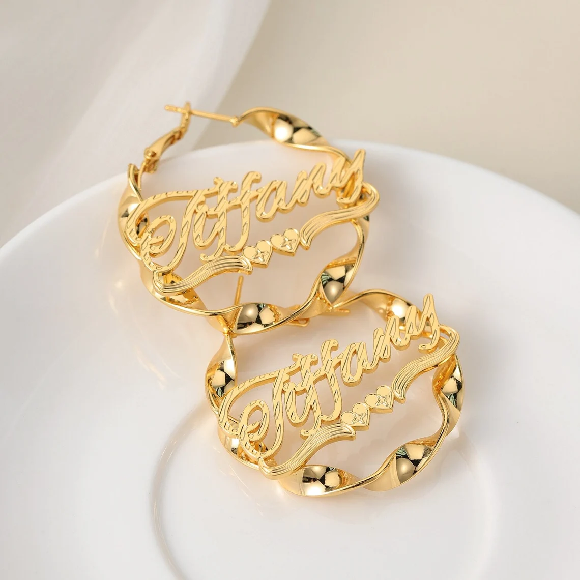 Personalized Custom Heart Underline Bamboo Nameplate Twist Hoop Earrings