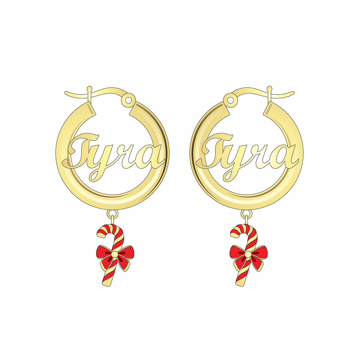 30mm Personalized Gold Plated Hoop Name Earrings with Candy Cane