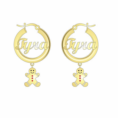 Personalized Christmas Earrings 30mm Gingerbread Man Gold Plated Hoop Name Earrings