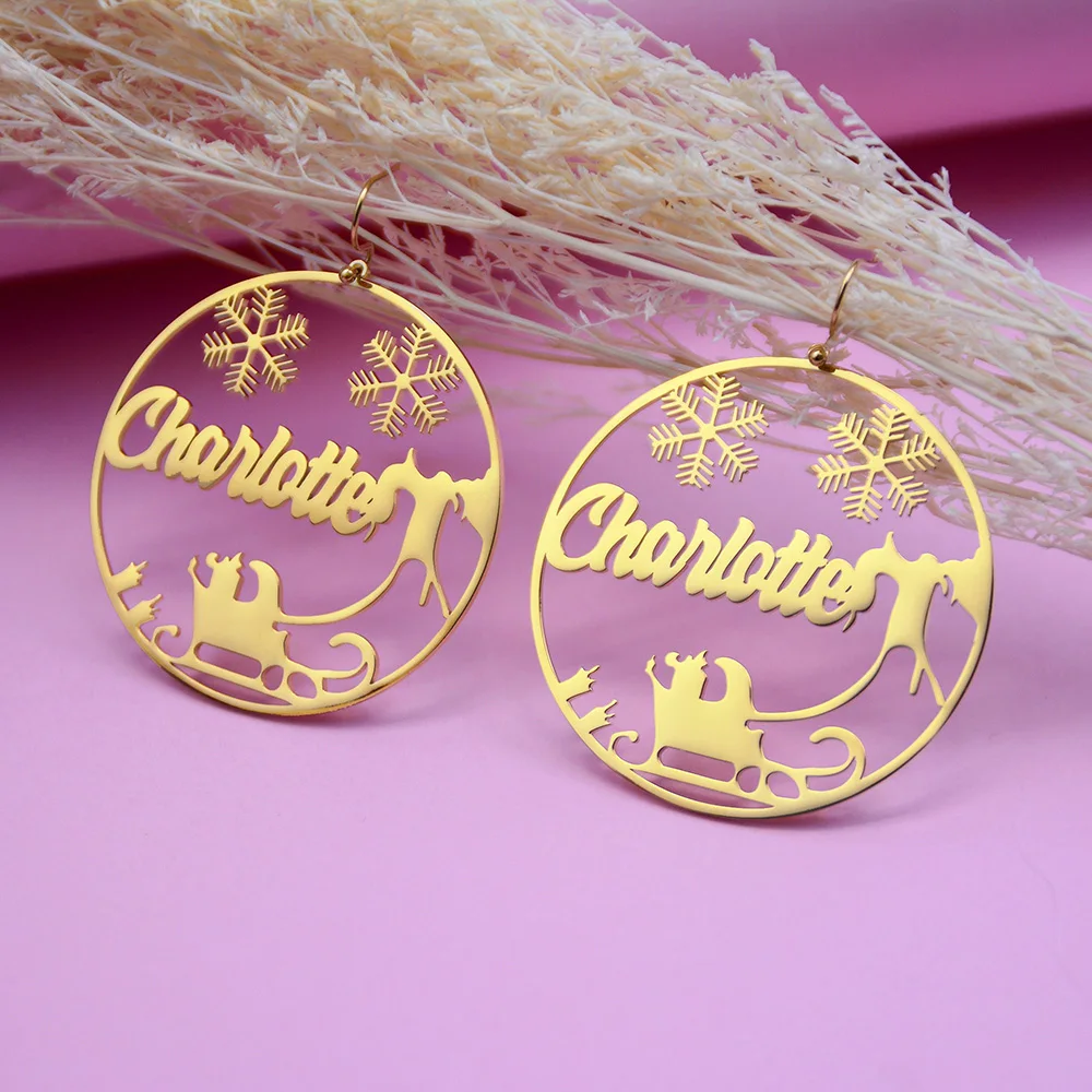 Gold Plated Snowman Carriage Elk Personalized Hoop Name Earrings