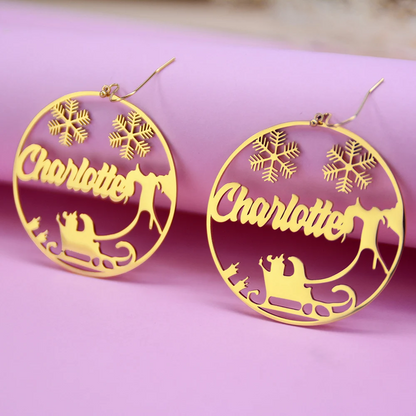 Gold Plated Snowman Carriage Elk Personalized Hoop Name Earrings 