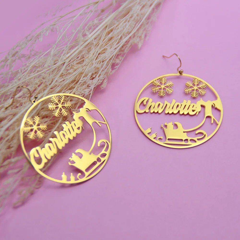 Gold Plated Snowman Carriage Elk Personalized Hoop Name Earrings