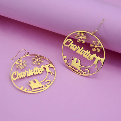 Gold Plated Snowman Carriage Elk Personalized Hoop Name Earrings