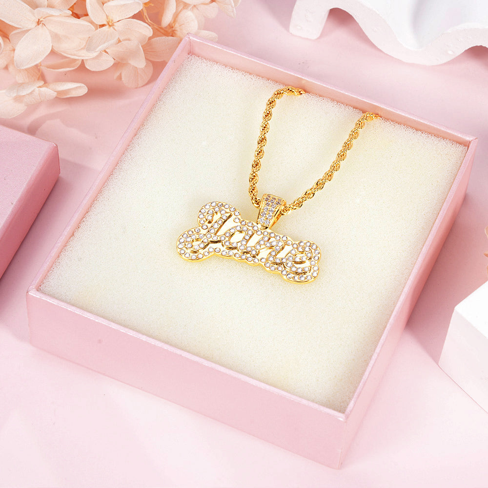 Sparkling Zirconia Double Plate Personalized Nameplate Pendant Necklace