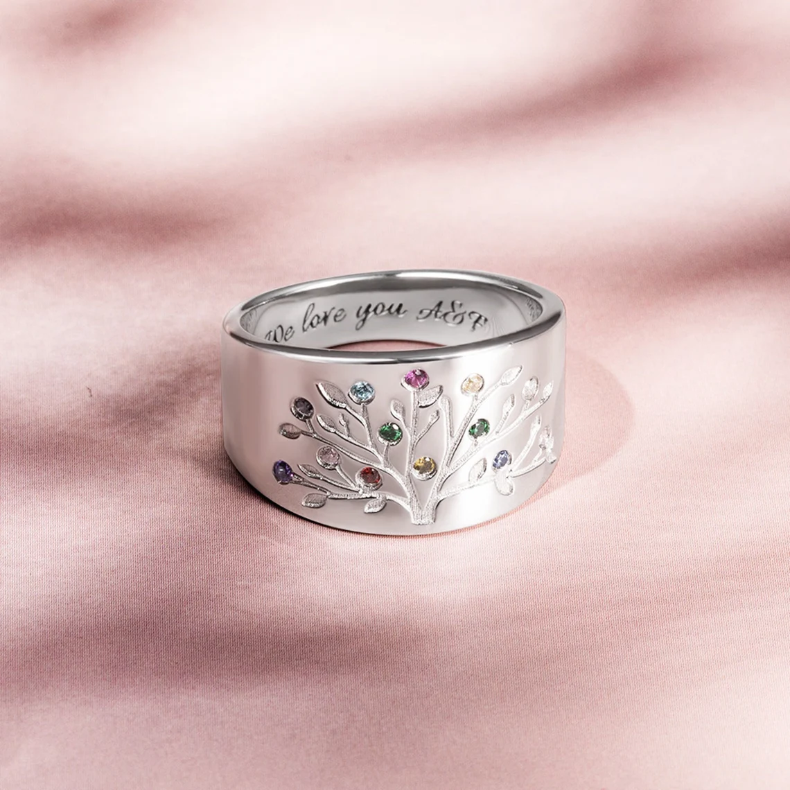 Personalized Family Tree Ring With Birthstones Engraved Ring 