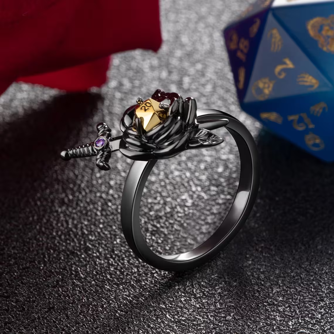 Custom Birthstone Retro Dark Rose Dice Engraved Ring